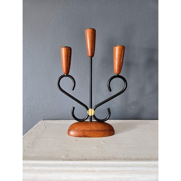 Danish Teak Three Arm Candleholder Luthje Denmark Modernist Brass Metal and Wood - Picture 2 of 10